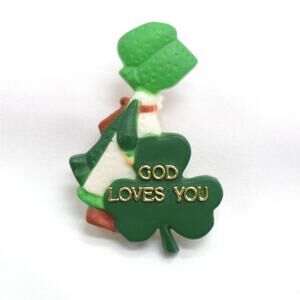 Vintage Green Shamrock Clover Girl God Loves You Brooch Pin St. Patrick's Day.